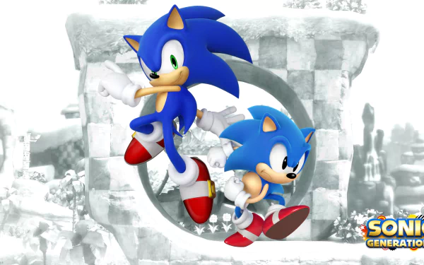 HD PC desktop wallpaper featuring classic and modern Sonic the Hedgehog characters from the video game Sonic Generations in action against a blurred background.
