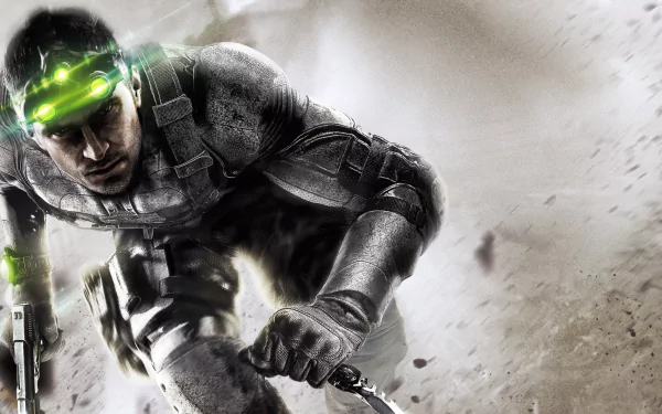 Sam Fisher from Tom Clancy's Splinter Cell: Blacklist in tactical gear with glowing green goggles, lunging forward in a dynamic pose — HD PC desktop wallpaper/background.