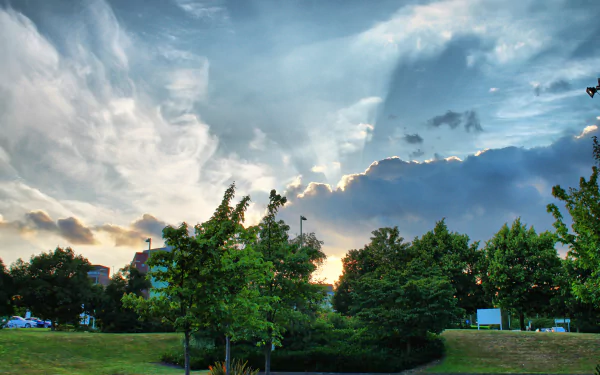A vibrant 4K Ultra HD desktop wallpaper showcasing a serene green park under a dramatic sky filled with clouds and soft sunlight.