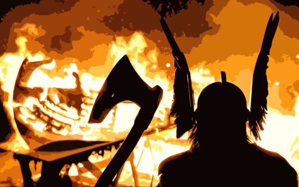 HD PC desktop wallpaper/background: fantasy viking silhouette with winged helmet and axe overlooking a village consumed by roaring flames.