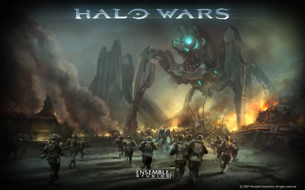 A dramatic scene from Halo Wars featuring soldiers advancing amidst chaos, with a towering mechanical enemy and a fiery landscape in the background, serves as a striking HD PC desktop wallpaper.