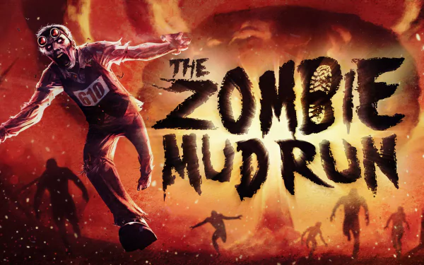 Dark, intense 8K Ultra HD PC desktop wallpaper featuring a menacing zombie in action with fiery background and bold The Zombie Mud Run text.
