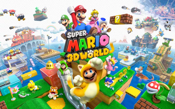 Colorful HD desktop wallpaper featuring characters from Super Mario 3D World, showcasing vibrant landscapes and playful elements from the beloved video game.