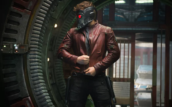 Star-Lord, portrayed by Chris Pratt as Peter Quill, stands confidently in a futuristic setting, wearing his iconic mask and maroon leather jacket, captured in stunning 4K Ultra HD.