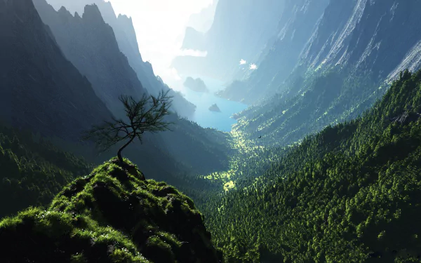 A stunning HD wallpaper showcasing a serene valley surrounded by majestic mountains, with lush greenery and a solitary tree on a cliff, inviting tranquility and natural beauty.
