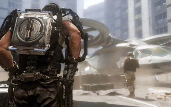 4K Ultra HD PC wallpaper of Call of Duty: Advanced Warfare video game showing soldiers in exoskeletons and jetpacks running through a futuristic urban battlefield.