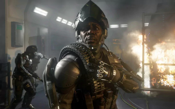 4K Ultra HD PC desktop wallpaper featuring a soldier in futuristic armor from the video game Call of Duty: Advanced Warfare amidst an intense, fiery combat scene.