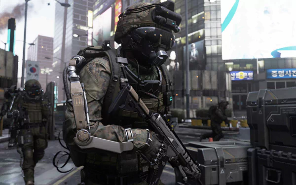 A soldier in advanced armor, equipped with a futuristic weapon, stands in a vibrant cityscape from Call of Duty: Advanced Warfare. This 4K Ultra HD wallpaper captures the game's intense atmosphere.