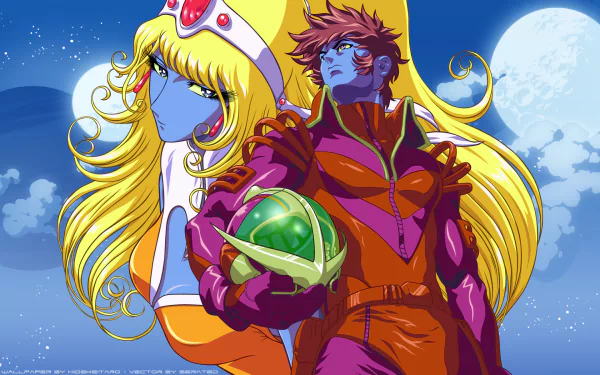 HD PC wallpaper/background from anime Interstella 5555: The 5tory of the 5ecret 5tar 5ystem — two blue-skinned alien musicians, blonde woman and red-clad man with a green orb beneath a full moon.