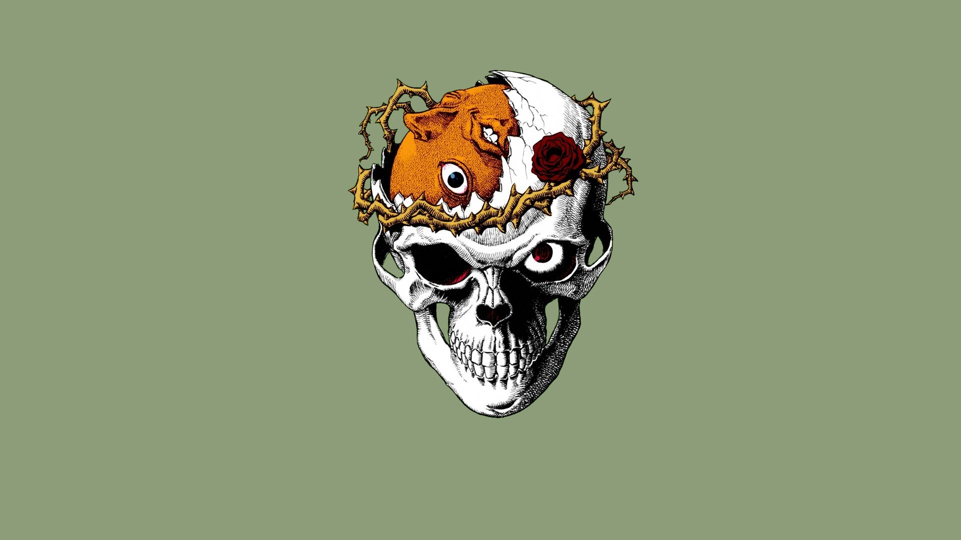 A striking HD desktop wallpaper featuring a skull adorned with a crown of thorns, complemented by a surreal animal design, inspired by the anime Berserk.