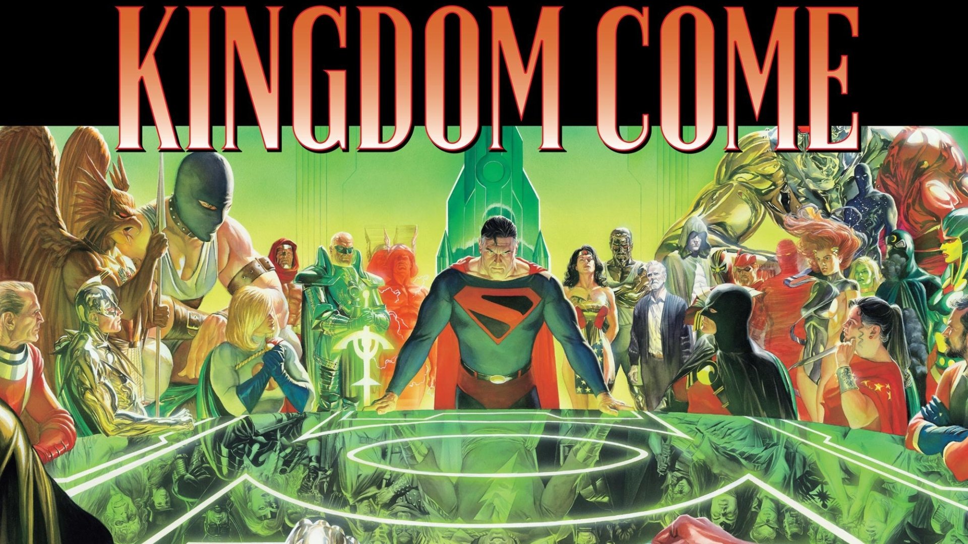 Comic Kingdom Come HD PC desktop wallpaper: Superman in a red-and-black suit stands center, flanked by a gathered pantheon of heroes beneath the large KINGDOM COME title.
