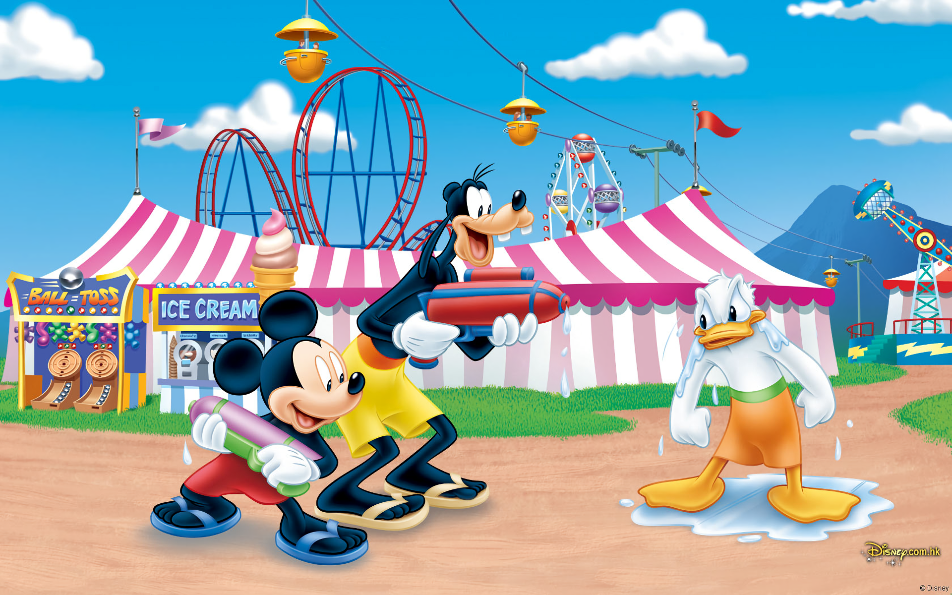 HD Disney movie wallpaper featuring Mickey Mouse and Goofy playing at a colorful carnival while Donald Duck stands with ice cream melting on him.