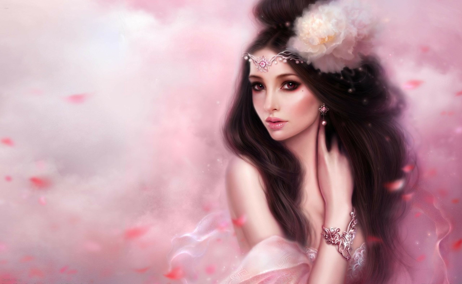 HD desktop wallpaper featuring a fantasy-themed portrait of a woman amidst a mystical, pink floral backdrop.