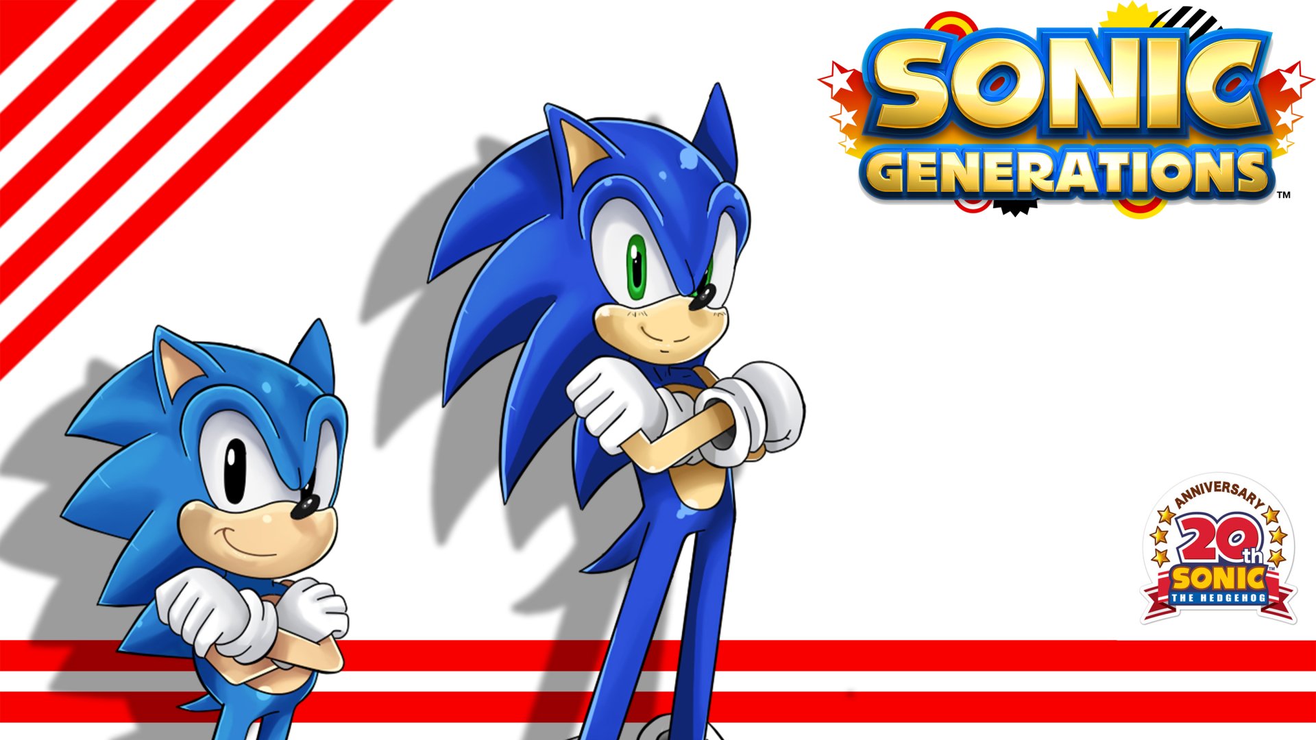 Classic Sonic and Modern Sonic from Sonic Generations stand confidently against a vibrant background, celebrating the iconic video game franchise, Sonic the Hedgehog.