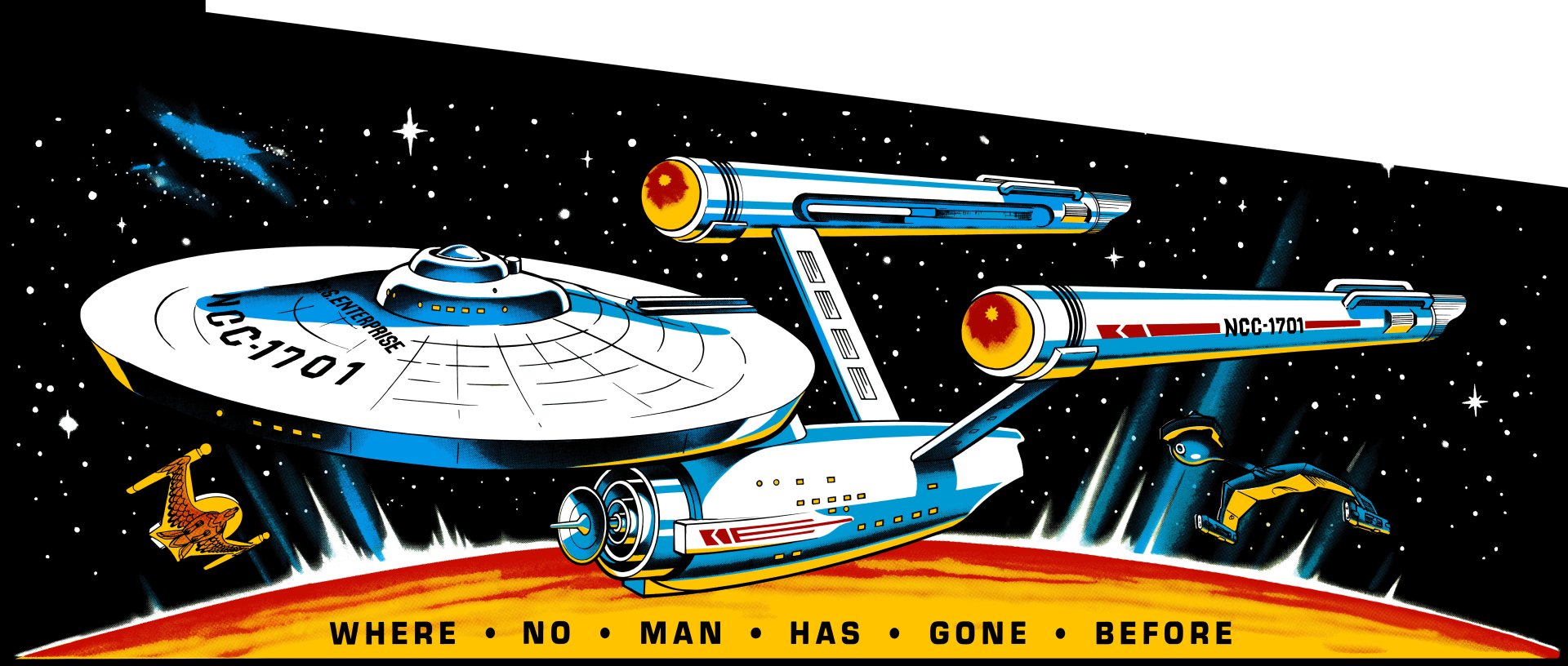 4K Ultra HD Star Trek sci-fi wallpaper featuring the iconic NCC-1701 starship against a vibrant cosmic background with the phrase Where no man has gone before.