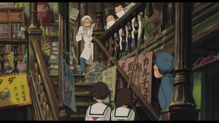 HD desktop wallpaper of a scene from From Up On Poppy Hill featuring animated characters on a detailed, vibrant staircase.