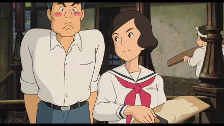 HD desktop wallpaper of characters from From Up On Poppy Hill in a cozy room setting, with focused expressions.