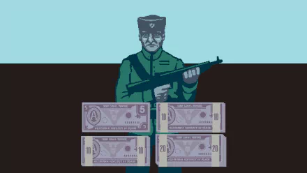 HD desktop wallpaper featuring Calensk from Papers, Please, holding a rifle with currency notes in the foreground.