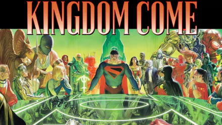 Comic Kingdom Come HD PC desktop wallpaper: Superman in a red-and-black suit stands center, flanked by a gathered pantheon of heroes beneath the large KINGDOM COME title.