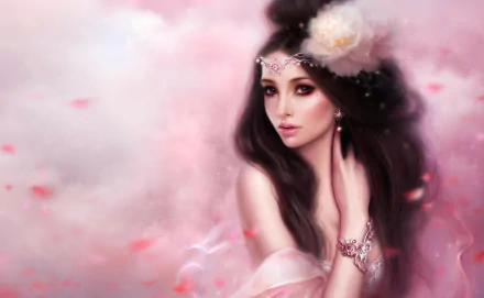 HD desktop wallpaper featuring a fantasy-themed portrait of a woman amidst a mystical, pink floral backdrop.