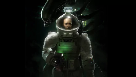 HD PC desktop wallpaper from video game Alien: Isolation: lone astronaut in a glowing suit holds a device as a menacing Xenomorph looms behind in a dark, tense sci‑fi horror scene.