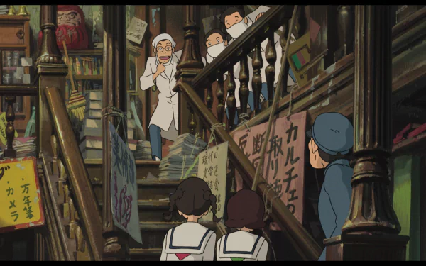HD desktop wallpaper of a scene from From Up On Poppy Hill featuring animated characters on a detailed, vibrant staircase.
