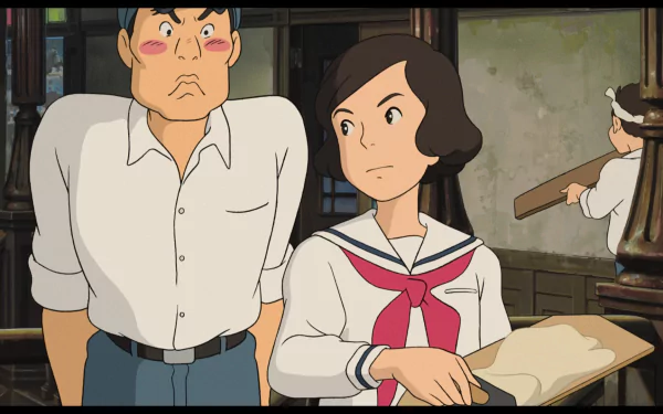 HD desktop wallpaper of characters from From Up On Poppy Hill in a cozy room setting, with focused expressions.