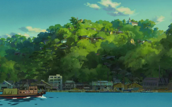 HD desktop wallpaper from From Up on Poppy Hill featuring a serene view of a coastal town with lush greenery and clear blue water.