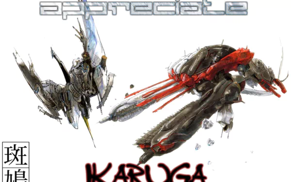 HD desktop wallpaper featuring dynamic artwork from the game Ikaruga with two detailed spacecraft designs and game title text.