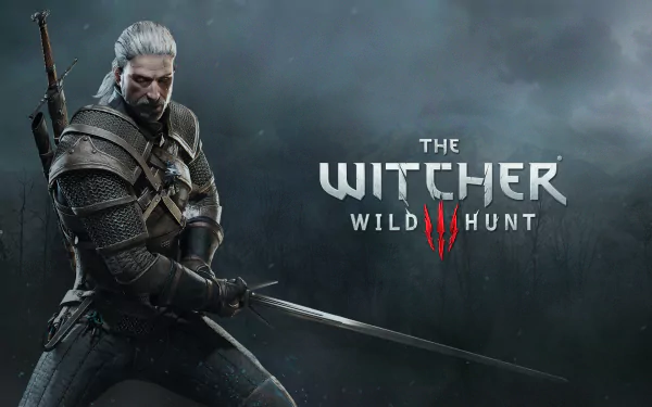 HD desktop wallpaper of Geralt of Rivia from The Witcher 3: Wild Hunt, poised with a sword against a misty backdrop, featuring the game's logo.
