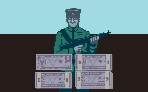 HD desktop wallpaper featuring Calensk from Papers, Please, holding a rifle with currency notes in the foreground.