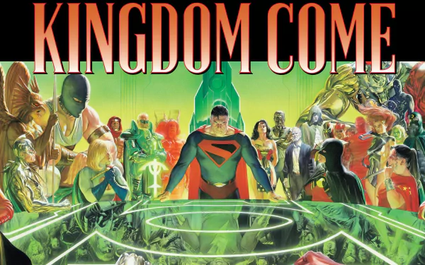 Comic Kingdom Come HD PC desktop wallpaper: Superman in a red-and-black suit stands center, flanked by a gathered pantheon of heroes beneath the large KINGDOM COME title.