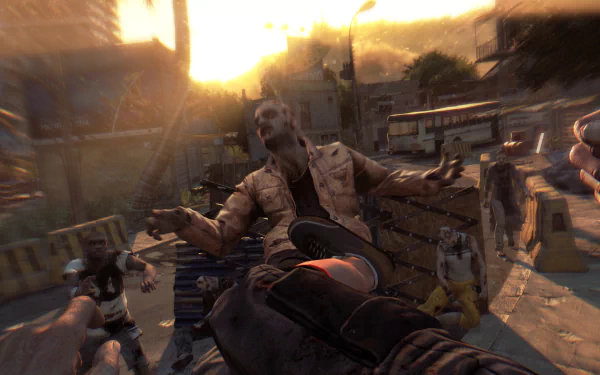 Dying Light video game 4K Ultra HD PC desktop wallpaper and background — first-person view punching a lunging zombie on a sunlit, ruined city street with motion blur.