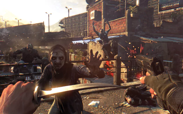 A gripping scene from the video game Dying Light, showcasing a character wielding a weapon against approaching zombie foes in a detailed urban environment. 4K Ultra HD quality enhances the action.