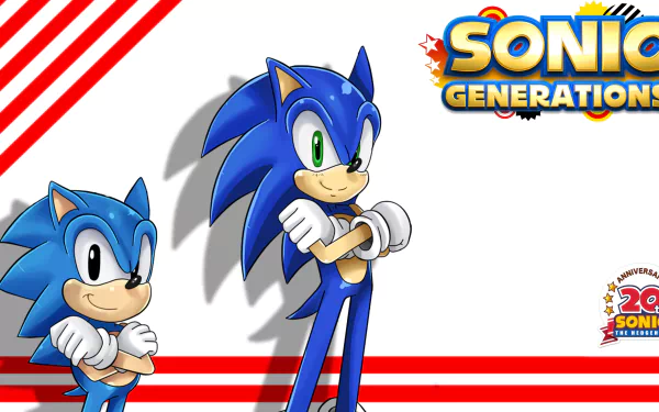 Classic Sonic and Modern Sonic from Sonic Generations stand confidently against a vibrant background, celebrating the iconic video game franchise, Sonic the Hedgehog.