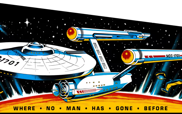 4K Ultra HD Star Trek sci-fi wallpaper featuring the iconic NCC-1701 starship against a vibrant cosmic background with the phrase Where no man has gone before.