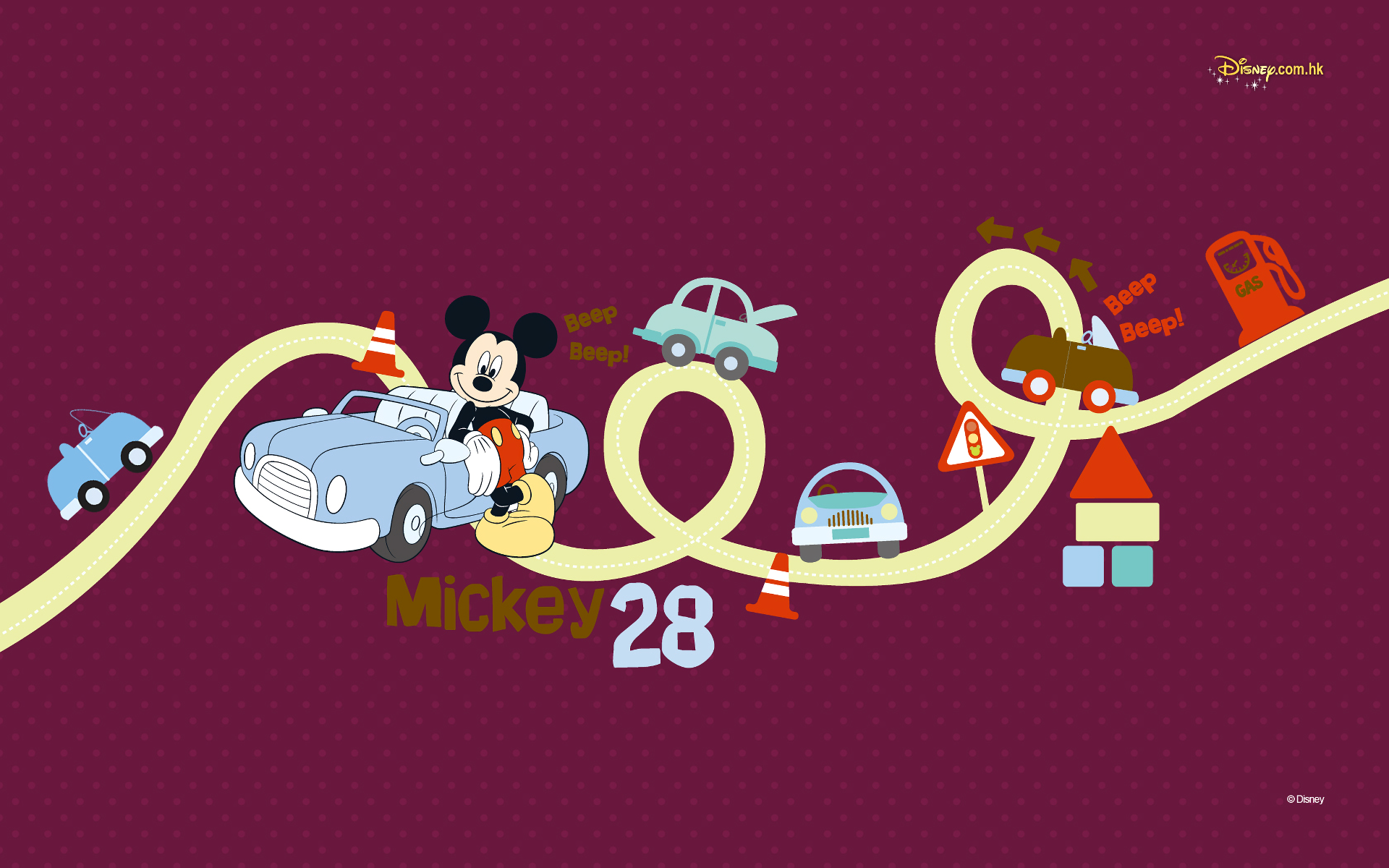 HD PC desktop wallpaper featuring Mickey Mouse driving a car on a winding road, styled as a Disney movie-themed background with bright colors and playful design.