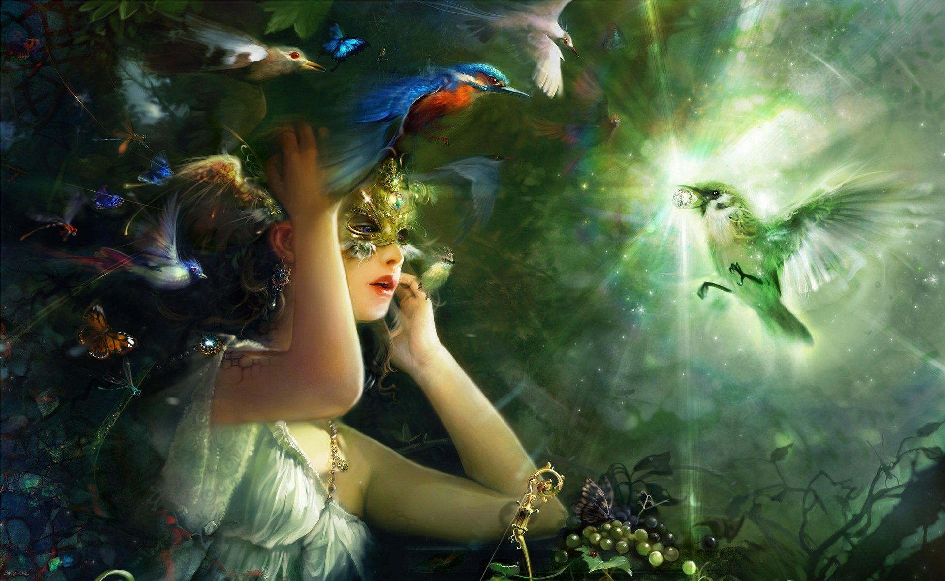 A fantasy HD desktop wallpaper featuring a woman wearing a butterfly mask, surrounded by vibrant kingfishers and glowing birds in an enchanted, mystical forest.