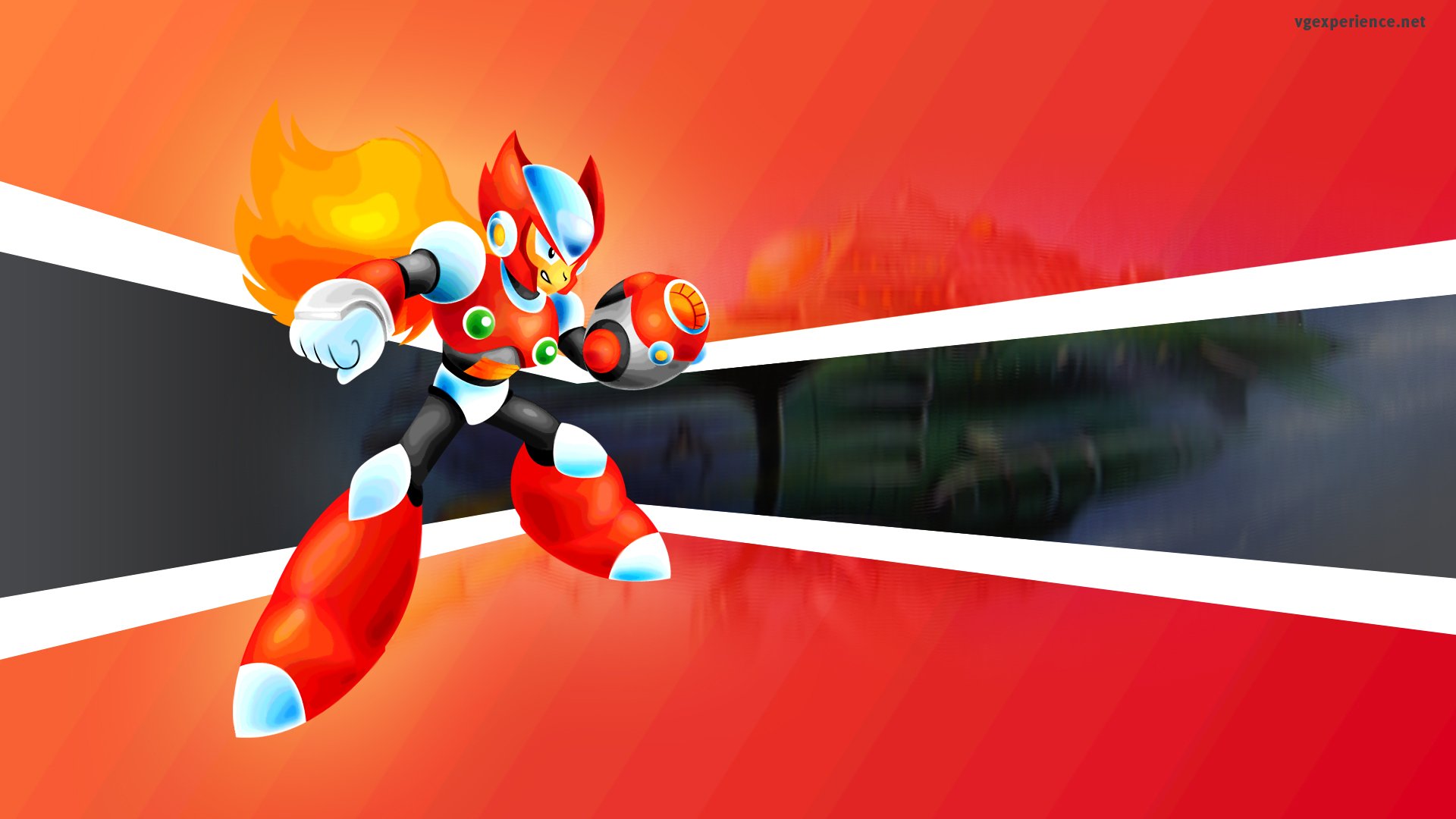 HD PC desktop wallpaper featuring Mega Man X in dynamic action pose against a bold, stylized red and black background from the video game Mega Man X.