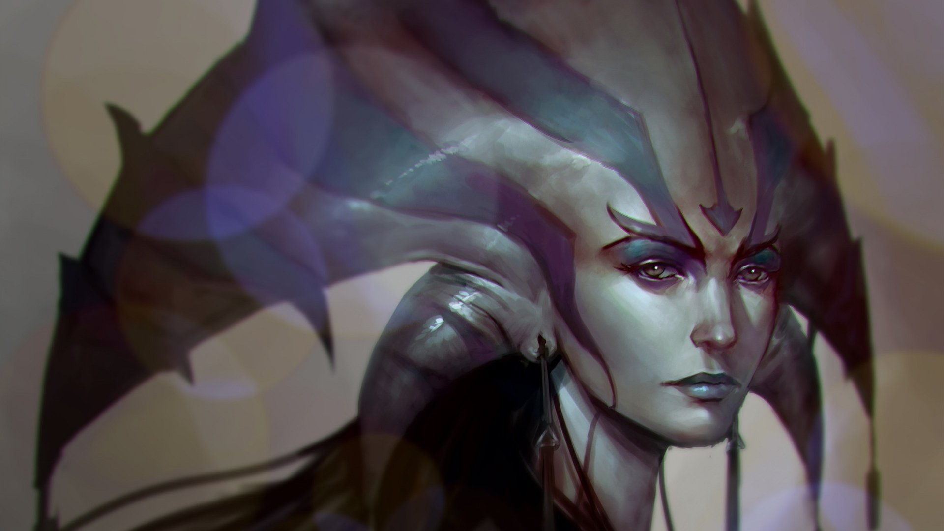 Fantasy woman with ornate horned headdress and luminous skin, moody purple-blue lighting — 2K Quad HD PC desktop wallpaper/background.