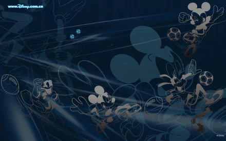 A vibrant HD desktop wallpaper featuring Mickey Mouse in dynamic poses, set against a dark background with whimsical designs, capturing the playful spirit of Disney movies.