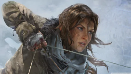 A dynamic HD wallpaper from Rise of the Tomb Raider, featuring the main character aiming an arrow in a snowy landscape, showcasing her determination and survival skills.