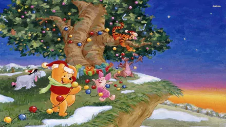 A vibrant HD wallpaper featuring Winnie the Pooh and friends decorating a tree, capturing the joy of the holiday season against a beautiful sunset backdrop.
