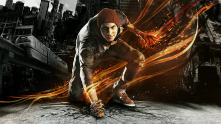 A dynamic HD wallpaper from the video game inFAMOUS: Second Son, featuring the main character in an action pose, surrounded by vibrant energy effects against an urban backdrop.