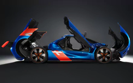 HD desktop wallpaper featuring a sleek blue and red race car with open gull-wing doors, showcasing its aerodynamic design and sporty appeal against a dark background.