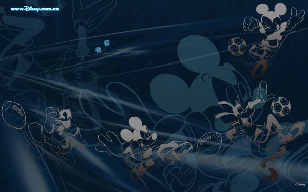 A vibrant HD desktop wallpaper featuring Mickey Mouse in dynamic poses, set against a dark background with whimsical designs, capturing the playful spirit of Disney movies.