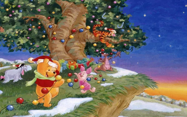 A vibrant HD wallpaper featuring Winnie the Pooh and friends decorating a tree, capturing the joy of the holiday season against a beautiful sunset backdrop.