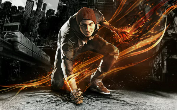 A dynamic HD wallpaper from the video game inFAMOUS: Second Son, featuring the main character in an action pose, surrounded by vibrant energy effects against an urban backdrop.
