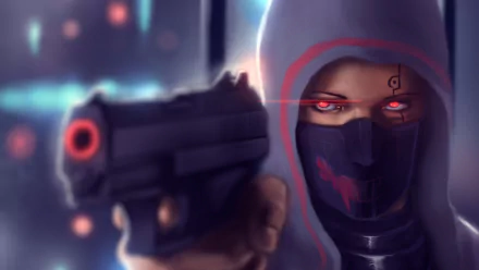 A sci-fi woman warrior in a cowl with glowing red eyes, tattoos, and a mask aims a futuristic gun, set against a dark, blurred background in HD.