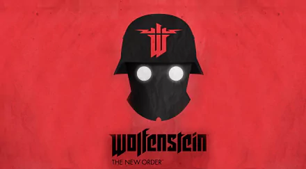 HD PC desktop wallpaper featuring a stylized soldier helmet with glowing eyes and the Wolfenstein: The New Order logo on a red background from the video game.